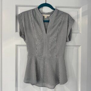 Monteau Striped Peplum Blouse Size M NWT Black White Cap Sleeve V-Neck Top